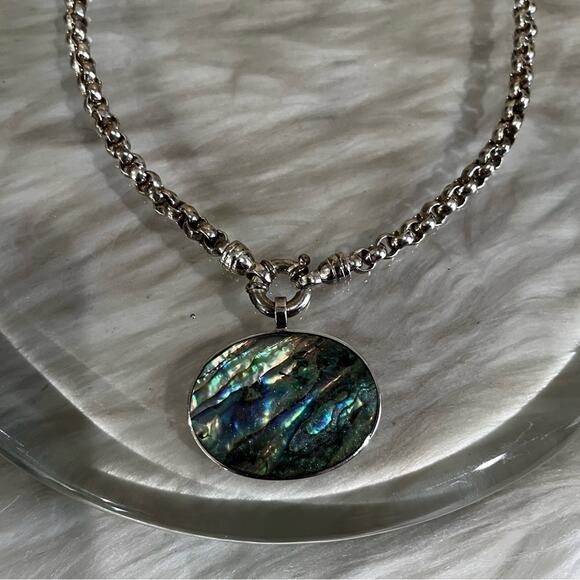 NEW Sterling Silver Large Abalone Shell Pendant Tahitian Peacock Pearl Necklace - Picture 2 of 16